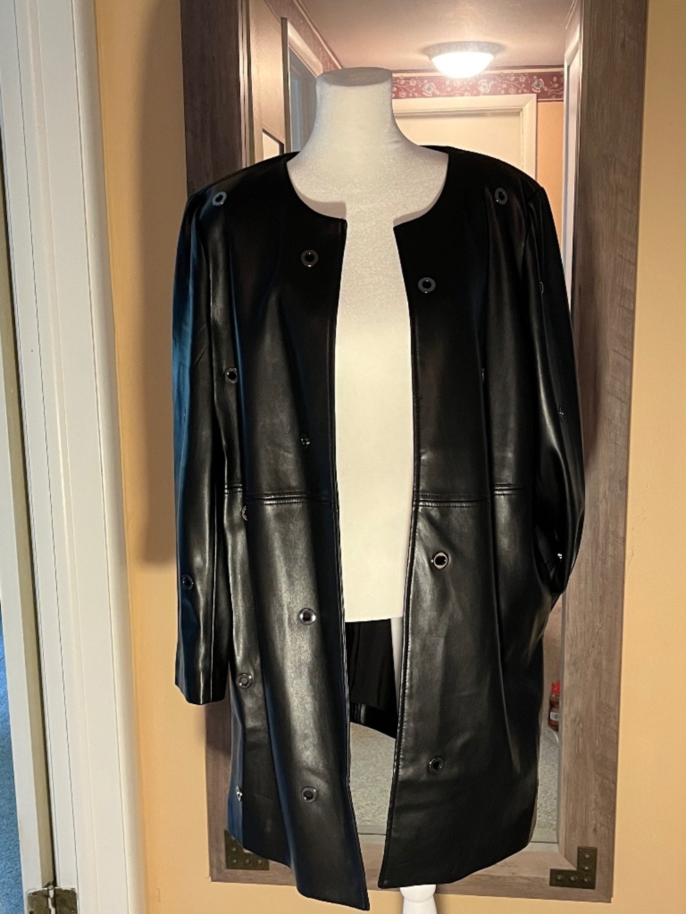 Faux leather open front coat